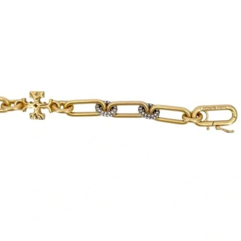 TORY BURCH • Gold Roxanne Chain Crystal Logo Necklace Includes Jewelry Bag